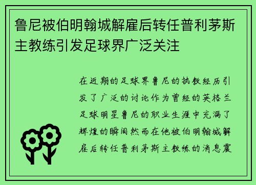 鲁尼被伯明翰城解雇后转任普利茅斯主教练引发足球界广泛关注